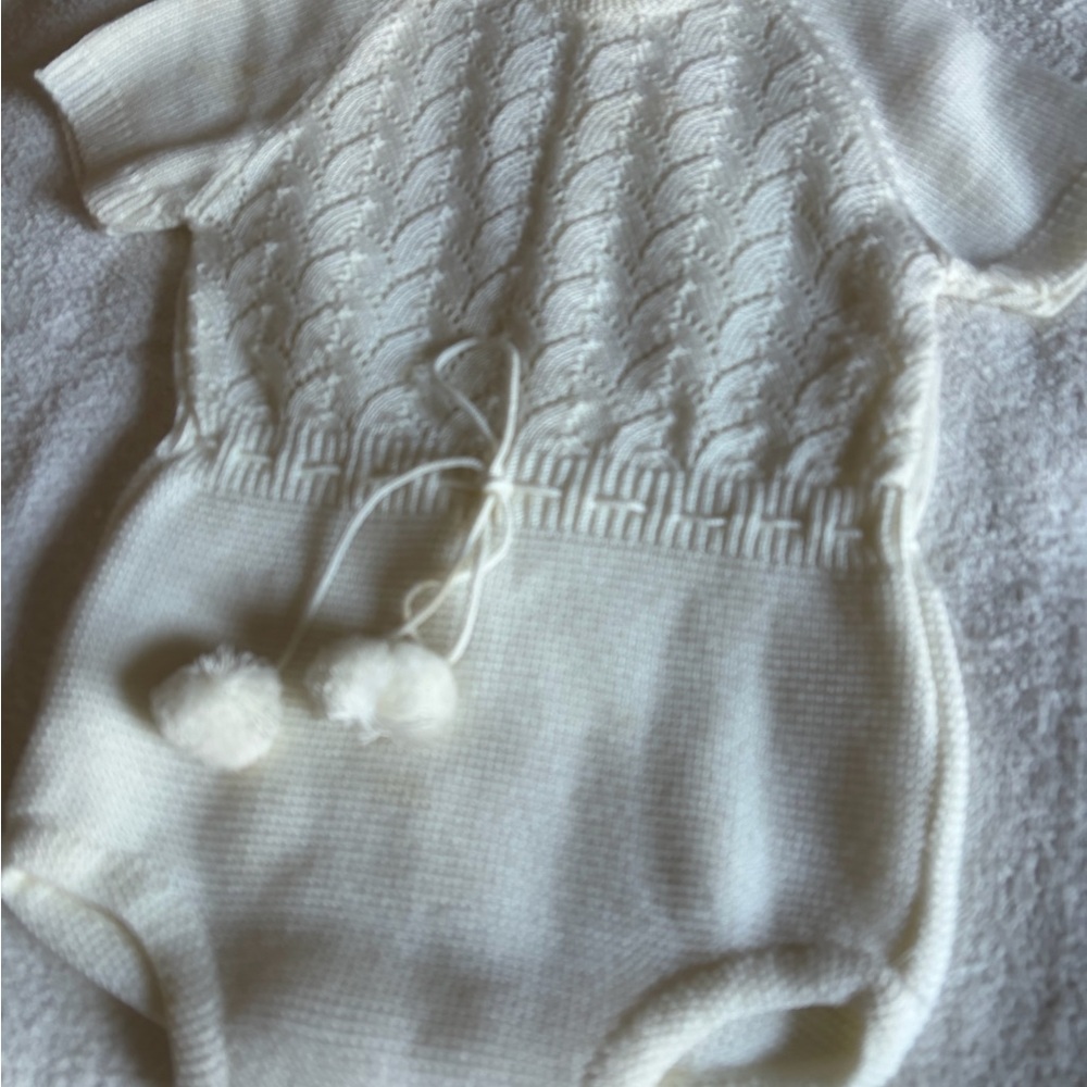 Cream Knit Baby Romper with Pom Poms